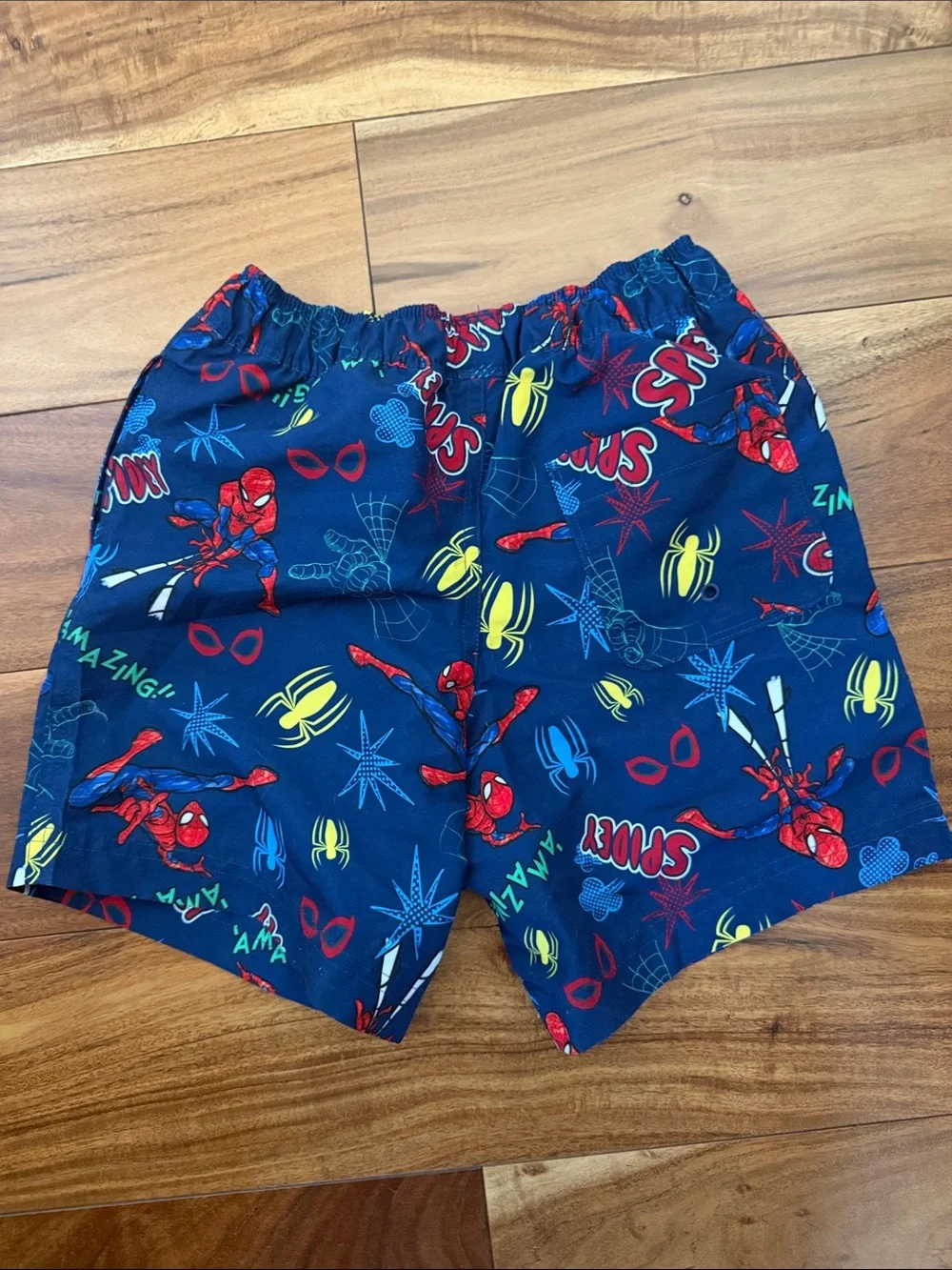 Marvel Boys Navy Blue Spider-Man Swim Trunks with Red and Yellow Accents
